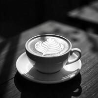 A frothy cappuccino with intricate latte art of a fern, served in a white ceramic cup on a dark wooden table photo