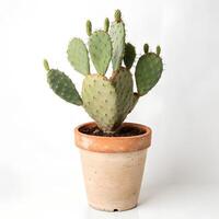 A Prickly Pear Cactus with flat, paddle-shaped green pads and small spines, potted in a tall, natural terracotta container photo