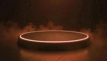 A Copper color podium with a neon light around it, smoke around the podium, dark background photo