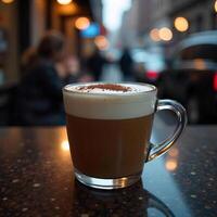 A close-up shot of a cappuccino with a dusting of cocoa powder, presented in a clear glass mug, set against a blurred background photo