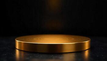 A golden platform on a black marble floor, dark background, product photography, studio lighting, elegant, luxurious, minimalist photo