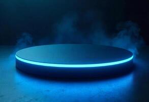 A round platform with a blue neon light on the edge, smoke in the dark background photo