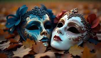 Two venetian masks, one blue and one white, with golden decorations, lying on a bed of dry leaves in autumn colors, close up shot photo
