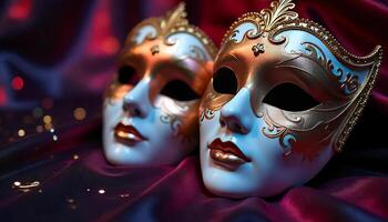 Two venetian masks with golden ornaments on a purple silk fabric, in a studio with soft lighting photo