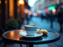A cup of coffee and a cookie on a black table, in the background a blurred street with people walking and colorful lights photo