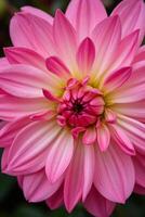 A pink dahlia flower with a yellow center, petals arranged in a spiral pattern, close-up shot, soft lighting, and a blurred background photo