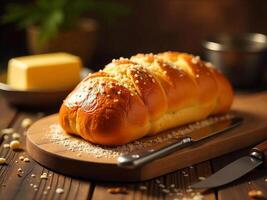 A loaf of challah bread with sugar on a wooden board with a knife, butter and a plant in the background photo