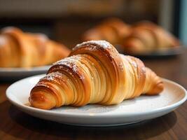 A croissant with powdered sugar on a white plate, several croissants in the background, brown table photo