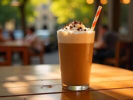 A refreshing ice mocha with whipped cream and chocolate shavings on a sunny cafe table photo
