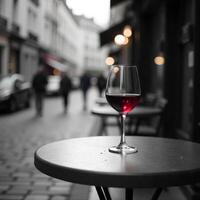 A glass of red wine on a round table in a restaurant, blurred background with people walking on the street photo