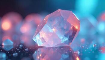 A clear crystal with pink and blue highlights, sitting on a reflective surface with water droplets, soft lighting and dark background photo