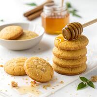 Stack of honey cookies with a honey dipper, a bowl with cookies and a jar of honey in a white background photo