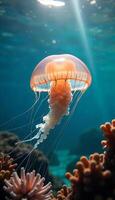 A jellyfish with a translucent bell and long tentacles, swimming in a blue ocean with coral reefs and sunlight filtering through the water photo