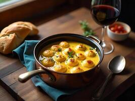 A copper pot filled with yellow soup and dumplings, a glass of red wine, bread and a blue cloth on a wooden table photo