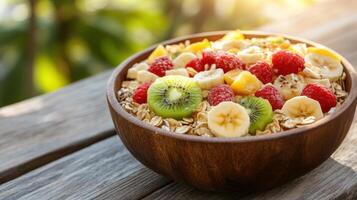 Freshly prepared fruit salad with banana, kiwi, and berries displayed on a rustic wooden table photo