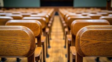 Rows of empty wooden chairs fill a spacious classroom with a green chalkboard at the front photo