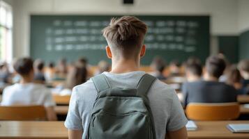 Student with a backpack listens attentively during a classroom session with peers in attendance photo
