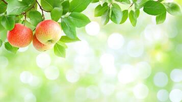 Three ripe red apples dangle from a tree branch surrounded by vibrant green leaves and soft light photo