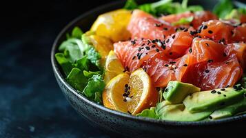 Fresh salmon salad with avocado and citrus on a dark background photo