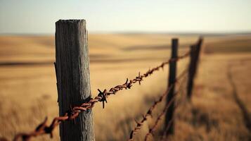 A rusty barbed wire fence stretches across a golden field, creating a rustic countryside view photo