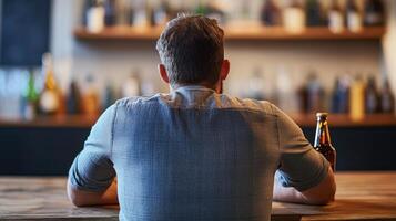 Person sits alone at a wooden bar, contemplating life with a drink in hand among various bottles photo