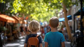 Two young boys stroll side by side down a lively street filled with greenery and charming storefronts photo