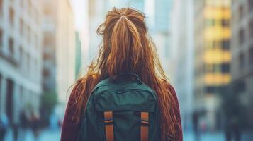 A woman strolls through a lively city at dusk, her backpack on her shoulders with glowing buildings photo