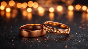 Wedding rings sit elegantly on a dark surface with twinkling warm lights in the background photo