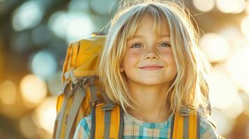 Child with long blonde hair enjoys adventure in nature while wearing a colorful backpack in bright sunlight photo