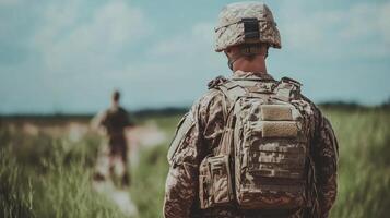 Two soldiers move through tall grass in a training exercise under a bright blue sky photo
