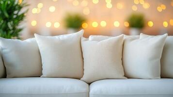 Soft white sofa adorned with textured cushions, illuminated by soft warm lights in the background photo
