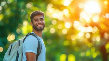 A young man enjoys a stroll in a vibrant forest as the sun sets, creating a warm and cheerful atmosphere photo