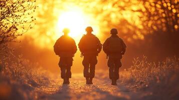 Soldiers march along a snowy path as the sun sets, creating a tranquil and reflective atmosphere photo