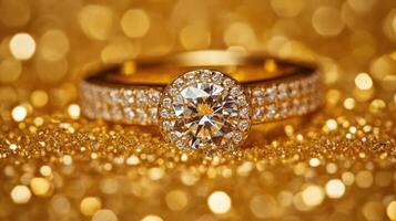 A luxurious gold ring features a brilliant diamond at the center, shimmering against a glittering backdrop photo
