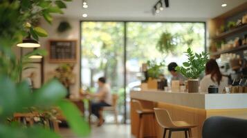Customers relax and socialize in a bright cafe filled with greenery and warm decor on a sunny day photo