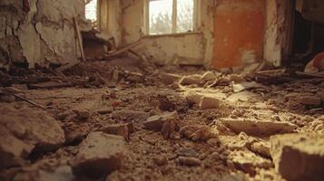 Dust and debris cover the floor of a dilapidated room, with light streaming through broken windows photo