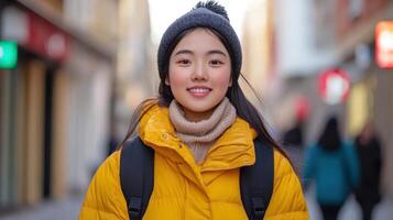 Happy woman in a yellow jacket and hat enjoying winter in a vibrant city photo