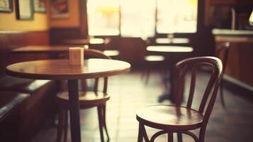 Warm atmosphere in a cafe with wooden tables and chairs, inviting relaxation and conversation photo