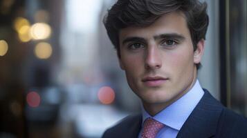 A young man in a suit stands confidently in an urban environment, with city lights blurred in the background photo