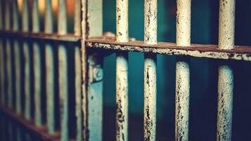 Close up view of weathered prison bars highlighting the theme of confinement and history photo