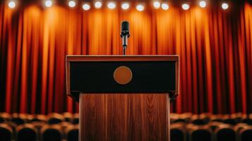 The podium stands under bright lights in a theater with a rich red curtain backdrop photo