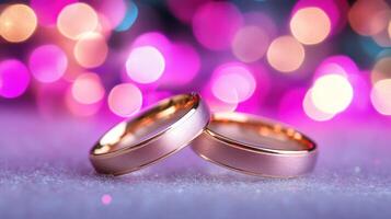 Two beautiful wedding rings shine against a soft background of vibrant bokeh lights adding a festive touch photo