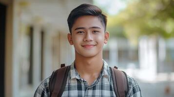 Happy student stands outdoors, enjoying the day with a backpack and warm smile in a school setting photo