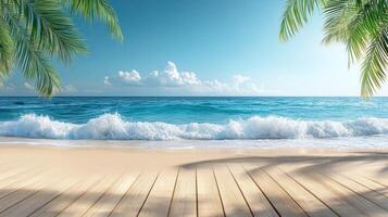Serene beach view with clear ocean waves and palm trees under a bright sky photo