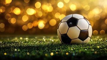 A soccer ball is placed on lush green grass with a golden bokeh effect in the background during the evening photo