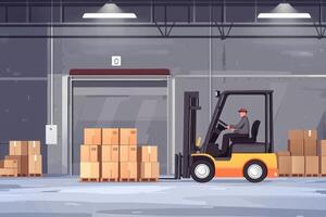 Forklift loaded with boxes inside a warehouse hangar. photo