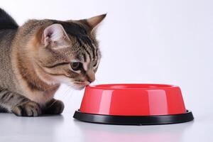 Cat looking cat bowl on white background. photo