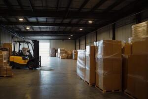 Forklift loaded with boxes inside a warehouse hangar. Warehouse area. photo