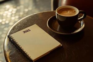 2025 notebook, coffee cup on table. photo