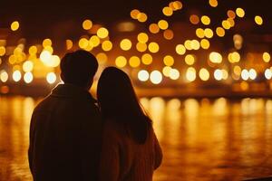 Couple spending romantic time at night against golden bokeh background. photo